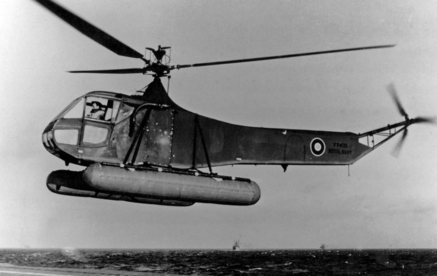 An R-4, fitted with pontoons, in British Royal Navy service